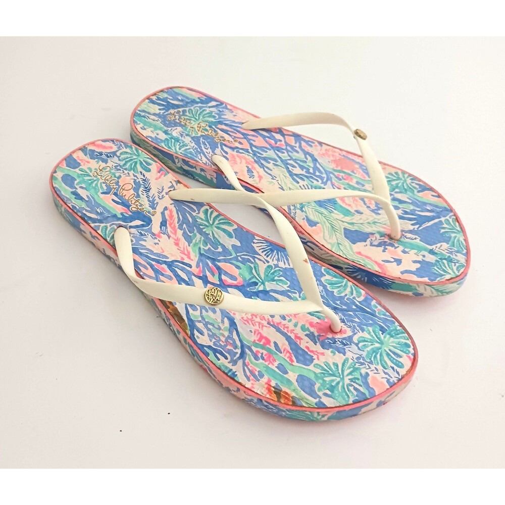 Lilly Pulitzer Thong Flip Flops Jet Stream Pink Blue White Straps Logo Sz 10